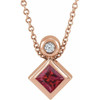 14 Karat Rose Gold 4 mm Square  Ruby and .03 Carat Diamond 16 inch Necklace