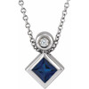 14 Karat White Gold 4 mm Square  Blue Sapphire and .03 Carat Diamond 16 inch Necklace