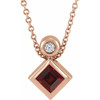 14 Karat Rose Gold 4 mm Square  Mozambique Garnet and .03 Carat Diamond 16 inch Necklace