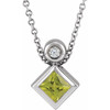 14 Karat White Gold 4 mm Square  Peridot and .03 Carat Diamond 16 inch Necklace