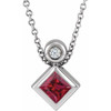 Platinum 4 mm Square Lab Grown Ruby and .03 Carat Natural Diamond 16 inch Necklace