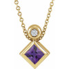 14 Karat Yellow Gold 4 mm Square  Amethyst and .03 Carat Diamond 16 inch Necklace