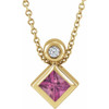 14 Karat Yellow Gold 4 mm Square  Pink Tourmaline and .03 Carat Diamond 16 inch Necklace