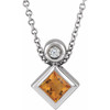 Platinum 4 mm Square  Citrine and .03 Carat Diamond 16 inch Necklace