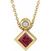 14 Karat Yellow Gold 4 mm Square Lab Grown Ruby and .03 Carat Natural Diamond 16 inch Necklace