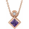 14 Karat Rose Gold 4 mm Square Natural Amethyst and .03 Carat Natural Diamond 16 inch Necklace