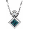 14 Karat White Gold 4 mm Square Lab Grown Alexandrite and .03 Carat Natural Diamond 16 inch Necklace