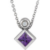 Sterling Silver 4 mm Square Natural Amethyst and .03 Carat Natural Diamond 16 inch Necklace