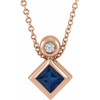 14 Karat Rose Gold 4 mm Square  Blue Sapphire and .03 Carat Diamond 16 inch Necklace