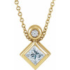 14 Karat Yellow Gold 4 mm Square Natural White Sapphire and .03 Carat Natural Diamond 16 inch Necklace