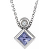 Sterling Silver 4 mm Square Natural Tanzanite and .03 Carat Natural Diamond 16 inch Necklace