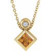 14 Karat Yellow Gold 4 mm Square  Citrine and .03 Carat Diamond 16 inch Necklace