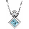 Platinum 4 mm Square Aquamarine Gem and .03 Carat Diamond 16 inch Necklace