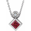14 Karat White Gold 4 mm Square Lab Grown Ruby and .03 Carat Diamond 16 inch Necklace