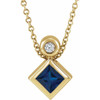 14 Karat Yellow Gold 4 mm Square Natural Blue Sapphire and .03 Carat Natural Diamond 16 inch Necklace