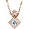 14 Karat Rose Gold 4 mm Square  White Sapphire and .03 Carat Diamond 16 inch Necklace