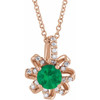 14 Karat Rose Gold Lab Grown Emerald and .07 Carat Natural Diamond Halo Style 16 inch Necklace