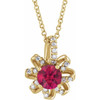 14 Karat Yellow Gold Lab Grown Ruby and .07 Carat Natural Diamond Halo Style 16 inch Necklace