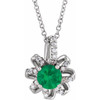 14 Karat White Gold Lab Grown Emerald and .07 Carat Natural Diamond Halo Style 16 inch Necklace