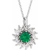 14 Karat White Gold Lab Grown Emerald and 0.60 Carat Natural Diamond Halo Style 16 inch Necklace