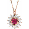 14 Karat Rose Gold Lab Grown Ruby and 0.60 Carat Diamond Halo Style 16 inch Necklace