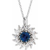 Sterling Silver Lab Grown Blue Sapphire and 0.60 Carat Natural Diamond Halo Style 16 inch Necklace