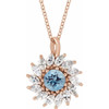 14 Karat Rose Gold Aquamarine Gem and 0.60 Carat Diamond Halo Style 16 inch Necklace