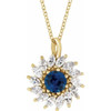 14 Karat Yellow Gold Lab Grown Blue Sapphire and 0.60 Carat Natural Diamond Halo Style 16 inch Necklace