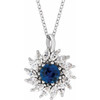 14 Karat White Gold Lab Grown Blue Sapphire and 0.60 Carat Natural Diamond Halo Style 16 inch Necklace
