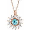14 Karat Rose Gold Blue Zircon and 0.60 Carat Diamond Halo Style 16 inch Necklace