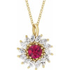 14 Karat Yellow Gold Lab Grown Ruby and 0.60 Carat Natural Diamond Halo Style 16 inch Necklace