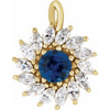 14 Karat Yellow Gold Lab Grown Blue Sapphire and 0.60 carat Diamond Halo Style Pendant