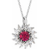 Platinum Lab Grown Ruby and 0.60 Carat Natural Diamond Halo Style 16 inch Necklace