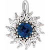 14 Karat White Gold Lab Grown Blue Sapphire and 0.50 carat Diamond Halo Style Pendant