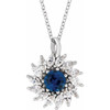 14 Karat White Gold Lab Grown Blue Sapphire and 0.50 Carat Natural Diamond Halo Style 16 inch Necklace