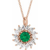 14 Karat Rose Gold Lab Grown Emerald and 0.50 Carat Natural Diamond Halo Style 16 inch Necklace