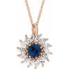 14 Karat Rose Gold Lab Grown Blue Sapphire and 0.50 Carat Diamond Halo Style 16 inch Necklace