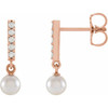 14 Karat Rose Gold Cultured Akoya Pearl and .03 Carat Natural Diamond Bar Earrings