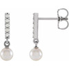 Platinum Cultured Akoya Pearl and .03 Carat Natural Diamond Bar Earrings