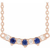 14 Karat Rose Gold Lab Grown Blue Sapphire and .05 Carat Diamond Three Stone Bar 18 inch Necklace