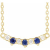 14 Karat Yellow Gold Lab Grown Blue Sapphire and .05 Carat Natural Diamond 3 Stone Bar 18 inch Necklace