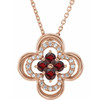 14 Karat Rose Gold Mozambique Garnet and 0.10 Carat Diamond Clover 18 inch Necklace