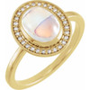 Yellow Gold Ring 14 Karat Natural Rainbow Moonstone and 0.15 Carat Natural Diamond Halo Style Ring