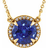 14 Karat Yellow Gold 7mm Round Blue Sapphire and .04 Carat Diamond 16 inch Necklace