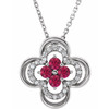 14 Karat White Gold Lab Grown Ruby and 0.10 Carat Diamond Clover 18 inch Necklace