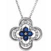 Platinum Lab Grown Blue Sapphire and 0.10 Carat Natural Diamond Clover 18 inch Necklace