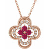 14 Karat Rose Gold Lab Grown Ruby and 0.10 Carat Diamond Clover 18 inch Necklace