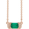 14 Karat Rose Gold Lab Grown Emerald and .02 Carat Natural Diamond Bar 16 inch Necklace