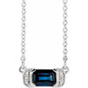 14 Karat White Gold Lab Grown Blue Sapphire and .02 Carat Natural Diamond Bar 16 inch Necklace