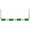 Lab Grown Emerald Gem set in 14 Karat Yellow Gold and 0.20 Carat Diamond Bar 16 inch Necklace